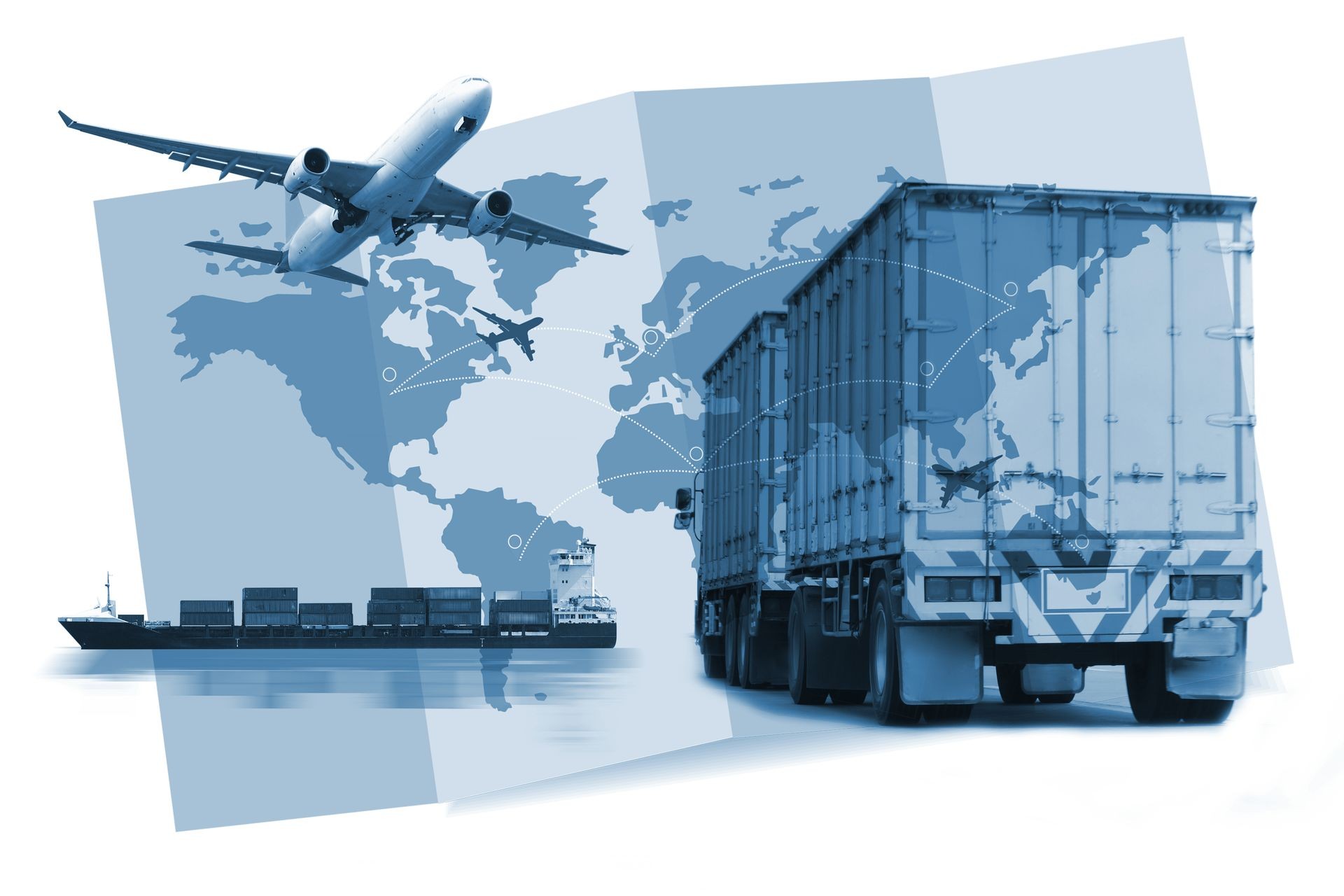 Transportation, import-export and logistics concept, container truck, ship in port and freight cargo plane in transport and import-export commercial logistic, shipping business industry 